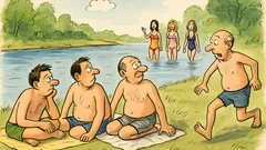Vtip: Léto na břehu řeky, čtyři kamarádi